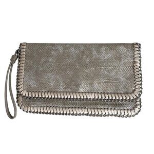 Inzi Silver Metallic Faux Snakeskin Clutch With Chain Trim & Wristlet
